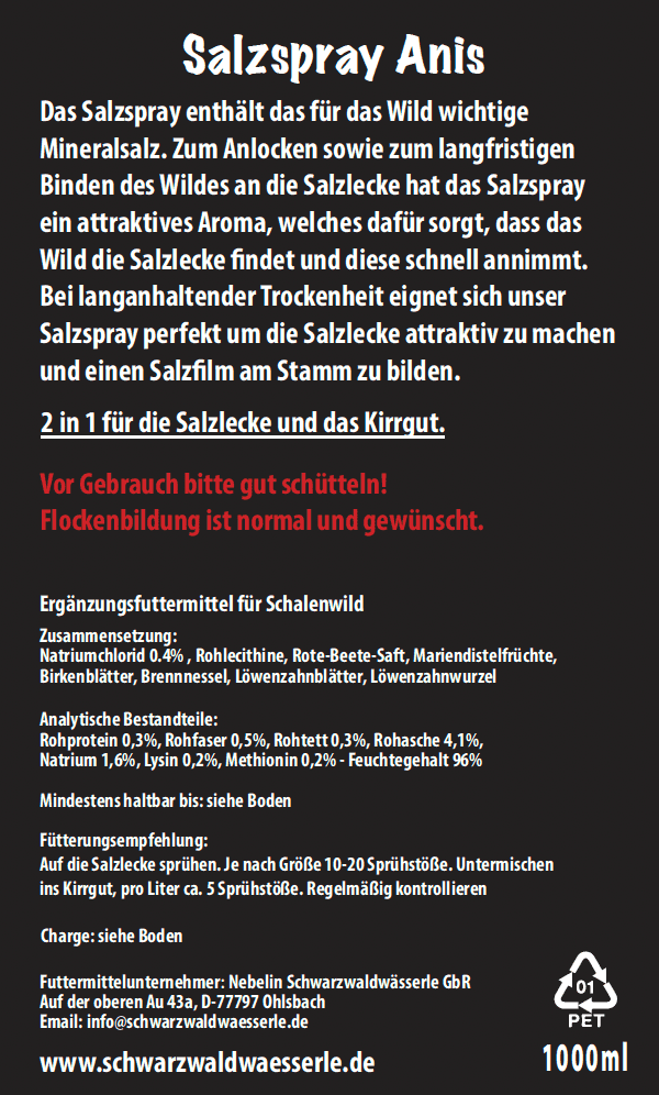 Nachfüllpack - Salzspray Anis - Schwarzwild, Rehwild, Rotwild und Damwild Wildlockmittel